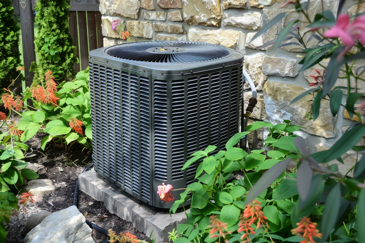 Residential air conditioning unit in garden setting