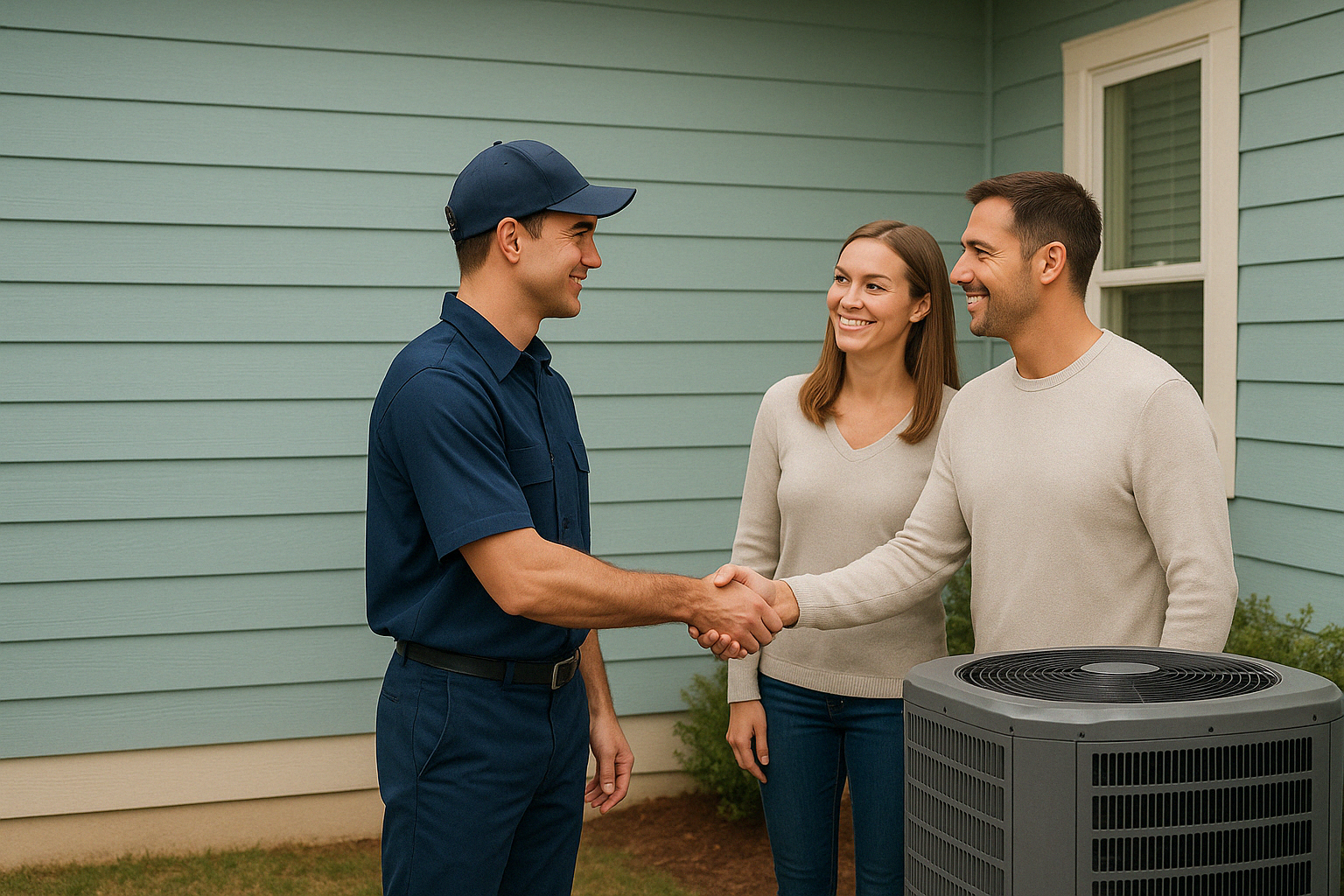 happy homeowners shaking the hand of an hvac installation tech